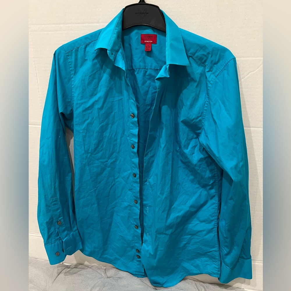 Alfani Size S Men Turquoise/Teal Button Down Shirt. Slim fit/Stretch